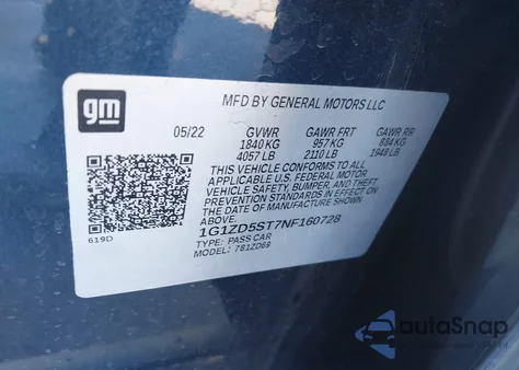 2022 Chevrolet Malibu Fwd Lt z USA, uszkodzony, nr VIN 1G1ZD5ST7NF160728